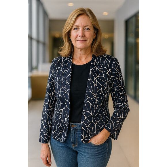 Pendleton Silk Cotton Navy White Abstract Print Blazer Jacket Size 8 - Picture 1 of 11